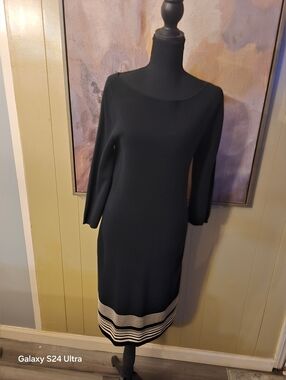 Ralph Lauren Black Boatneck Long Sleeve Knit Dress with Cream Striped Hem